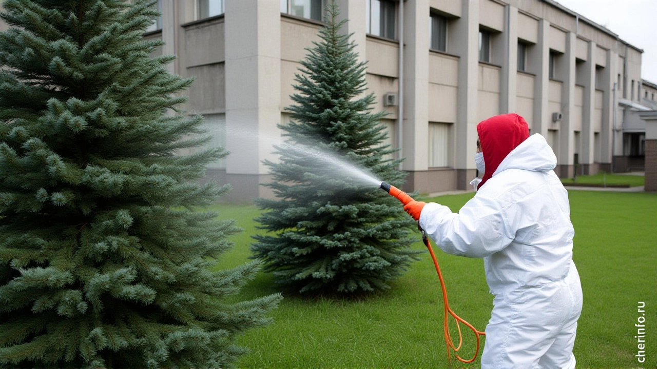 В Череповце хвойные деревья у мэрии получили «солнечный щит» от препарата Пуршат-О